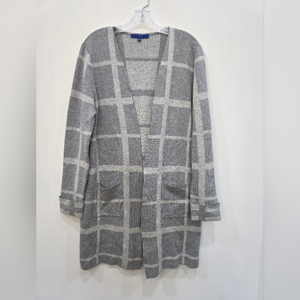 Apt. 9 Long Gray Plaid Cardigan Open Cuffed Sleeve Women's XL Business Casual